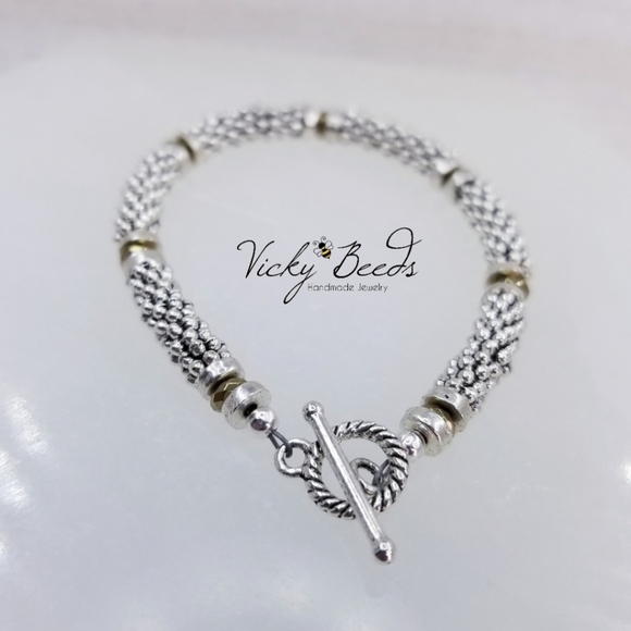 Antiqued Gold & Silver Beaded Toggle Bracelet - Picture 7 of 9